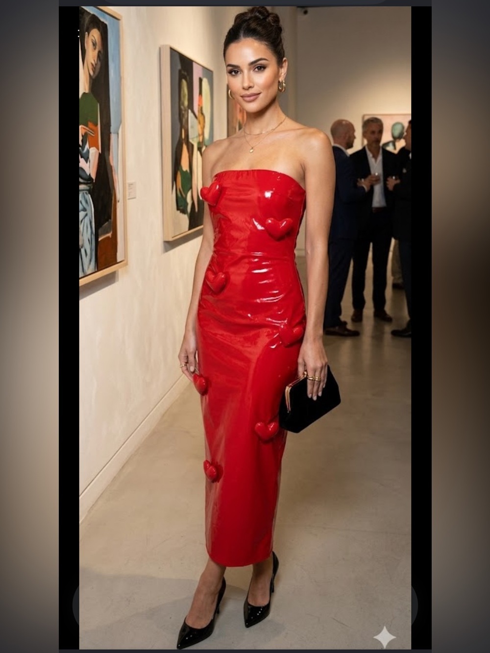 Red Strapless Midi Dress with Heart Appliqués